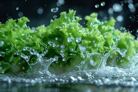 Crisp lettuce leaves covered in water droplets glisten under the light, highlighting their freshness and natural beauty.の素材