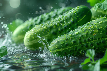 A cluster of cucumbers immersed in a body of water, their vibrant green skins contrasting against the clear liquid.の素材