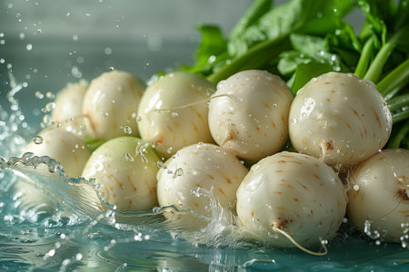 Turnips with leaves are washed and cleared of drops of water rolling onto their surface.の素材