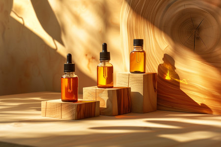 Three bottles of oil placed neatly on a wooden block. The bottles are of varying sizes and colors, adding a touch of rustic charm to the setup.の素材