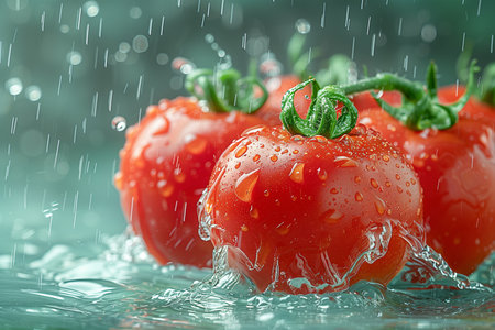 Three ripe tomatoes floating in water with droplets glistening on their surfaces.の素材