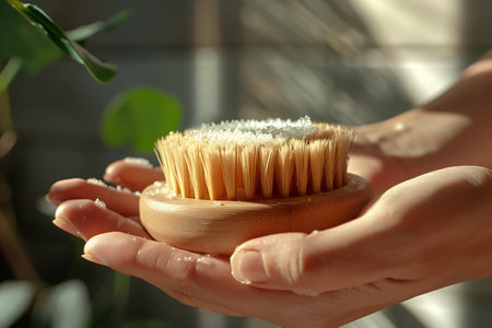 A person holding a wooden brush in their hands, ready to use it for grooming or cleaning purposes.の素材