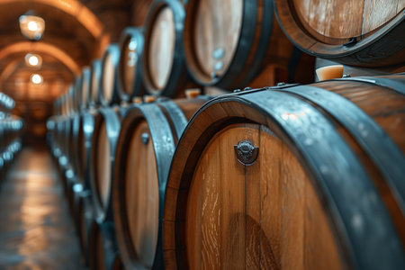 Wine barrels standing in the wine cellar.の素材