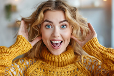 A woman with blonde hair and blue eyes is wearing a yellow sweater.の素材