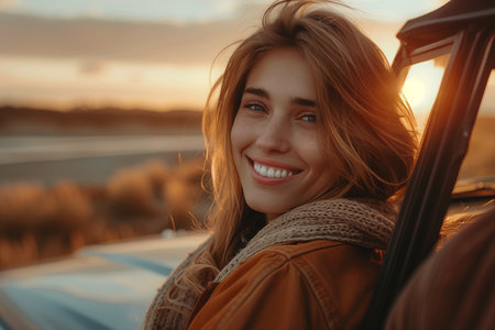 A woman seated in a car, smiling happily.の素材
