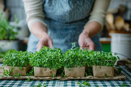 A person is in a kitchen, planting various plants in small pots. The individual carefully fills each pot with soil, places the plants, and waters them.の素材
