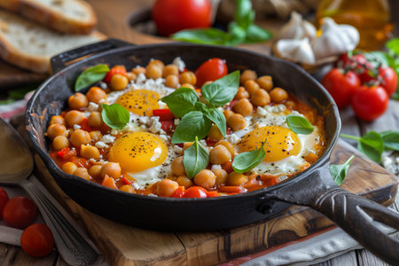 A skillet filled with scrambled eggs, bell peppers, tomatoes, and spinach sizzling on a stove.の素材