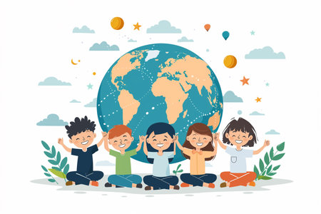 A group of children sitting in a circle around a globe, engaging in an educational activity.の素材