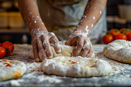 A woman vigorously kneads dough on a wooden table.の素材