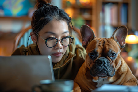A woman wearing glasses is focused on her laptop screen, working intently.の素材