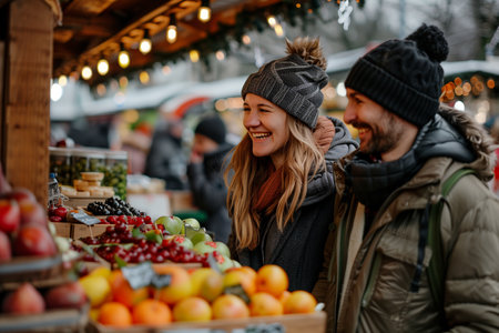 A man and a woman are standing in front of a fruit stand, selecting various fruits. The colorful display of fresh produce is visible in the background.の素材