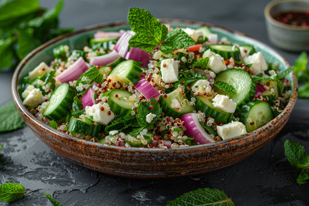 Plate of vegetarian salad with cucumbers, quinoa, feta cheese, red onions and mint. Close-up.の素材