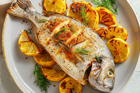 A white plate with a cooked fish fillet on top, garnished with sliced oranges.の素材