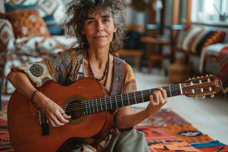 A woman is seated on the floor, strumming a guitar, focused on the music she is creating.の素材