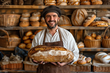 A man stands holding a large loaf of bread in his hands.の素材