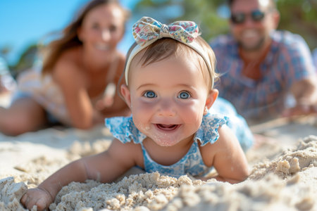 A baby is lying in the sand, with her parents visible in the background. The parents seem engaged in conversation, as the baby looks around curiously.の素材