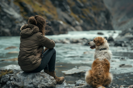 A woman is seated on a large rock next to a dog, both looking in the same direction.の素材