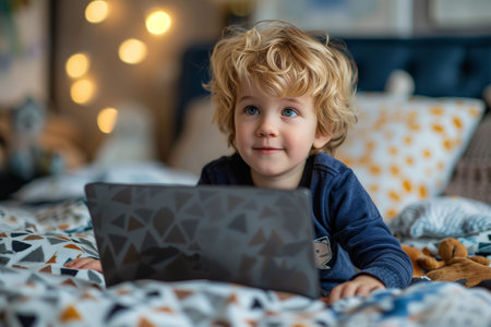 A young boy lying on a bed while using a laptop for entertainment or educational purposes.の素材