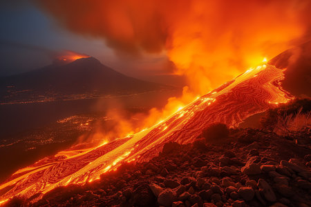 A dramatic scene as a huge fire spews out of a mountain, sending plumes of smoke and ash into the air.の素材
