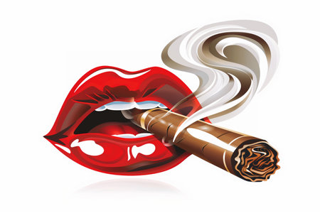 A lit cigarette with red lips puckered around it, emitting smoke.の素材