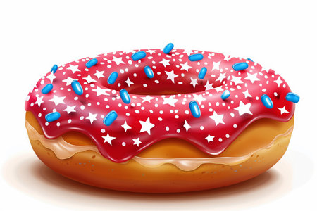 A freshly baked donut covered in bright red icing and topped with blue sprinkles.の素材