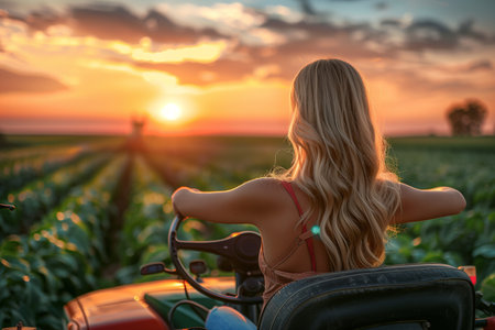 A woman sitting on the back of a red tractor, holding onto the metal railing as the vehicle moves along the dirt road.の素材