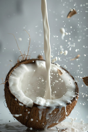 A glass of milk is being poured into a coconut.の素材