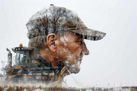 A man wearing a hat standing in front of a tractor in a field.の素材