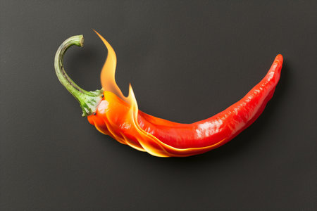 A vibrant red and yellow hot pepper resting on a sleek black surface, creating a striking contrast in colors.の素材