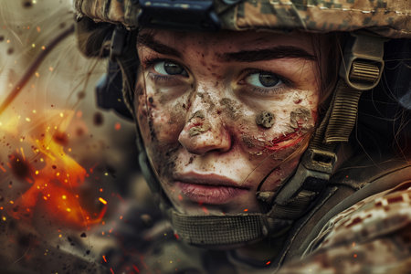 Portrait of a female soldier during combat operations. Close-up.の素材