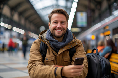 A cheerful man waits for his train, holding his smartphone and wearing a casual jacket and scarf, with passengers and trains in the background.の素材