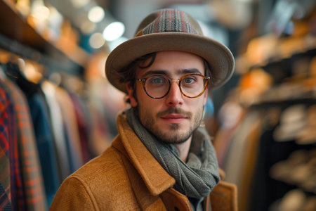 A man wearing glasses and a hat is seen trying on different pairs of glasses and hats inside a clothing store. He appears to be carefully examining his options.の素材