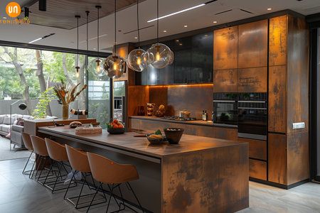 A modern kitchen featuring a spacious island in the center of the room, equipped with sleek appliances and ample counter space.の素材