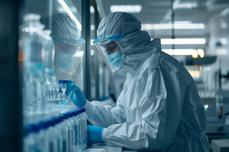 A man in a white suit and mask examines machinery in an industrial factory setting.の素材