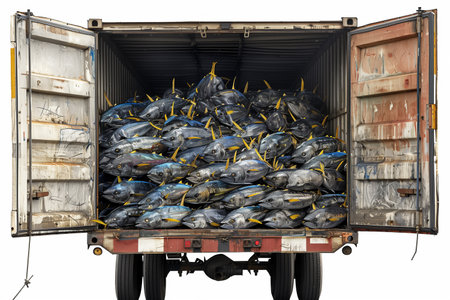 A large truck is seen loaded with a bunch of fish, ready to be transported.の素材