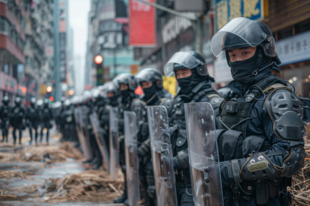 A group of uniformed police standing in a straight line in a cordon.の素材