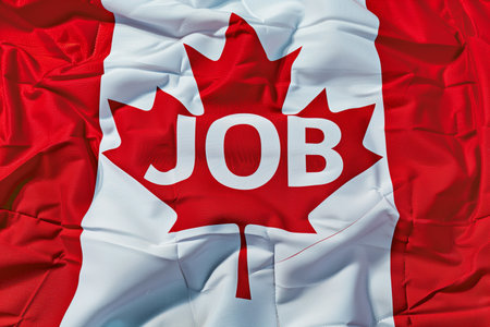 A Canadian flag prominently displaying the word job in bold, clear letters. The flag stands out, symbolizing opportunities and employment in Canada.の素材