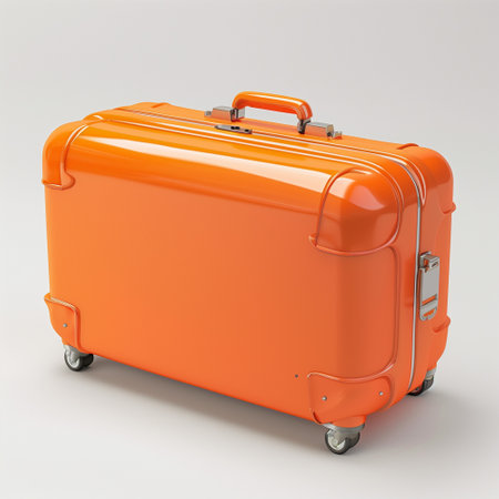 An orange suitcase sits on a clean white floor in a simple interior setting.の素材