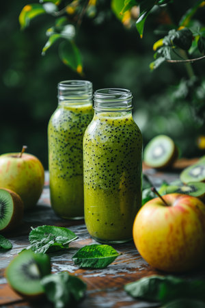Two glass jars filled with green smoothie stand next to ripe kiwi fruit on a table.の素材