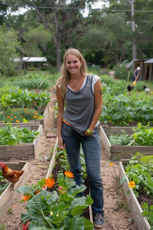 A woman standing amidst a variety of plants in a vibrant garden setting.の素材