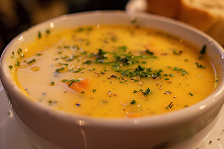 A bowl filled with steaming soup, featuring a metallic spoon in the liquid.の素材