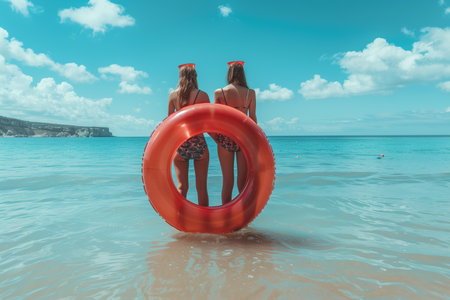 Two women are standing in the ocean, holding a life preserver. The women appear to be practicing water safety or conducting a rescue mission.の素材