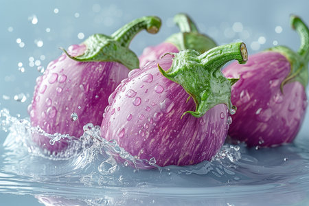 Three purple brinjals with water droplets are showcased during a dynamic water splash, highlighting their freshness.の素材