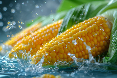 Fresh corn on the cob falling into clear water, creating ripples and splashes as it submerges.の素材