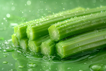 A close-up view of a bunch of fresh celery stalks, showing their green color and fibrous texture.の素材