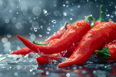 A pile of vibrant red peppers floating in clear water.の素材