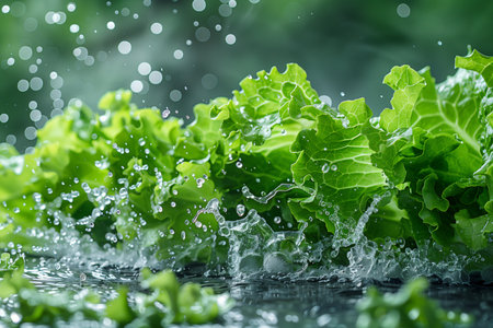 Detailed view of a bunch of vibrant green lettuce leaves, showing their texture and freshness.の素材