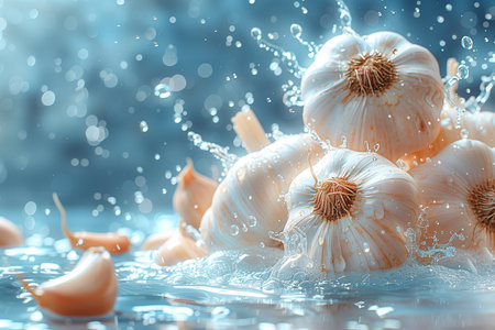 A pile of garlic cloves being thrown into water, creating ripples and bubbles in a kitchen sink.の素材