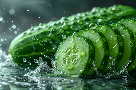 A cluster of cucumbers immersed in a body of water, their vibrant green skins contrasting against the clear liquid.の素材