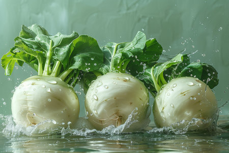 Three turnips with leafy greens attached, being rinsed and cleaned with droplets of water cascading onto their surface.の素材